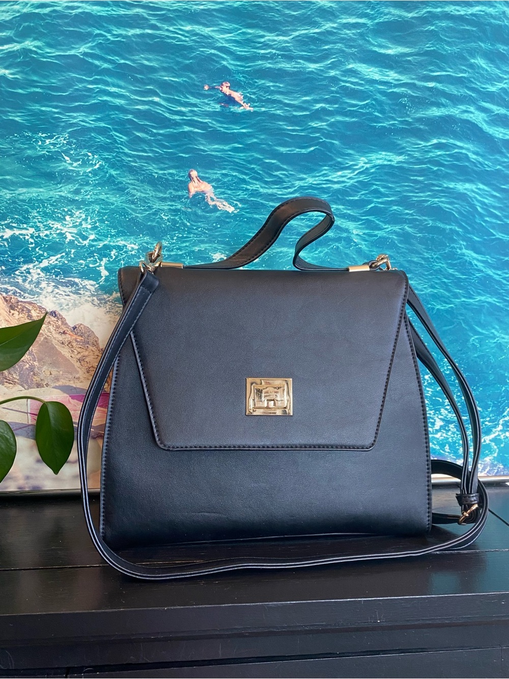 Melie Bianco Vegan Leather, Structured Top Handle Crossbody Purse w/ Turn Lock
